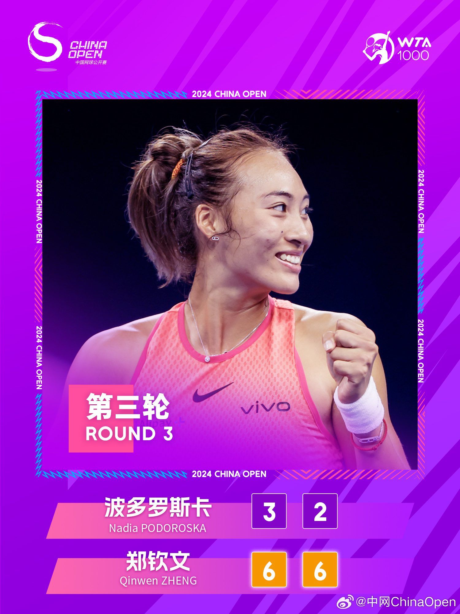 China Open Women's Singles Third Round: Zheng Qinwen Defeats Podoroska, Advances to Stronger Rounds