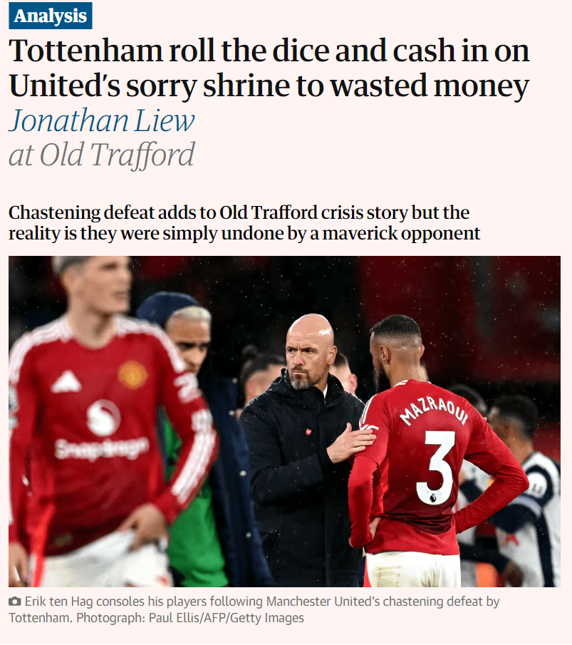 The Guardian: Manchester United's Home Ground, a Temple of Wasted Money, Makes Tottenham Feel at Home