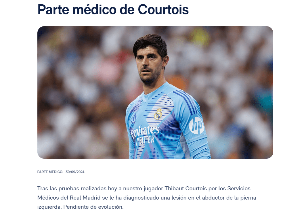 Official: Courtois Suffers Left Leg Muscle Injury, Expected to Return After International Break and Available for October's El Clásico