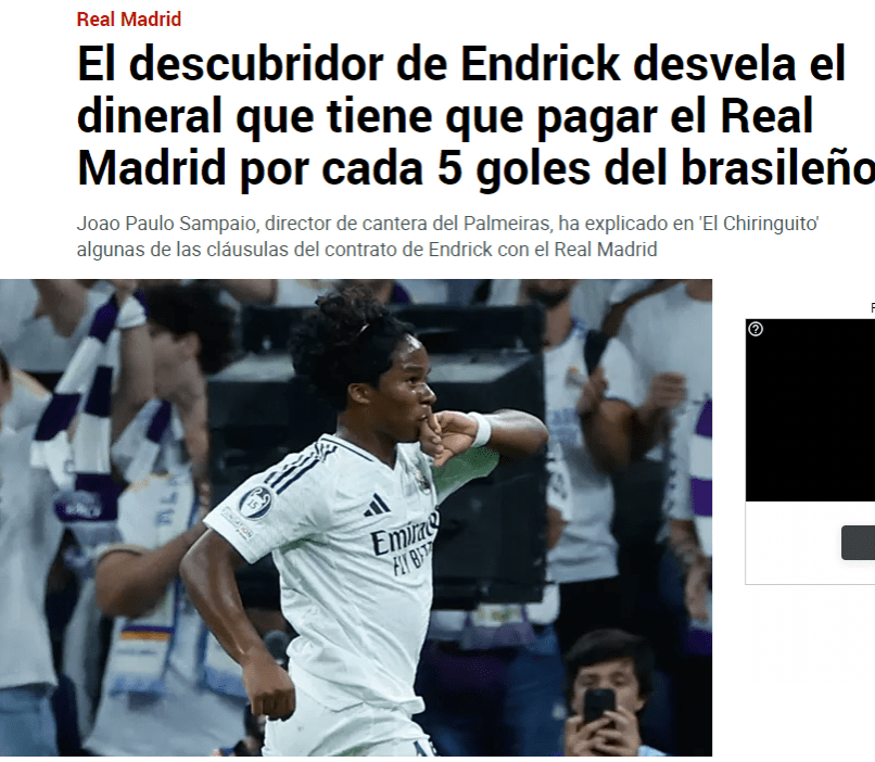 Playing for Real Madrid but Earning Money for Palmeiras: Endrick's Former Club Receives Euros for Every Goal He Scores