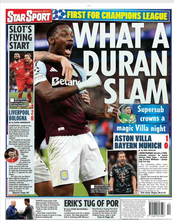 Villa Forward Duran Headlines Major UK Media, Dubbed "Super Sub"