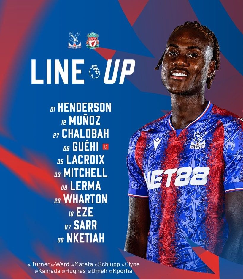 Crystal Palace vs Liverpool Starting Lineups: Salah PK Eze, Nketiah Included, Nunez on the Bench