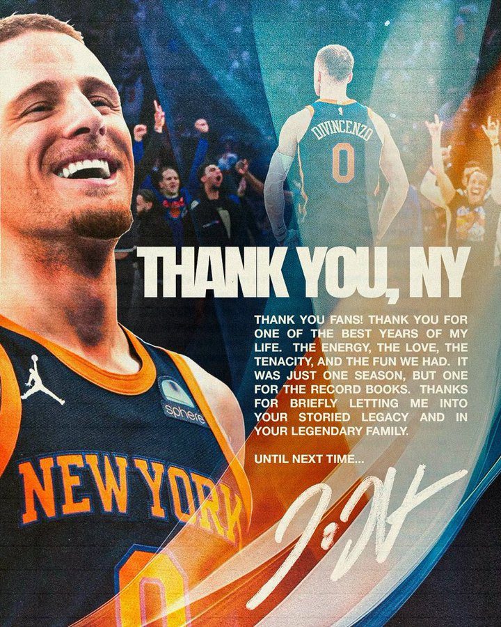 DiVincenzo Posts Farewell to New York: Thank You for One of the Best Times of My Life