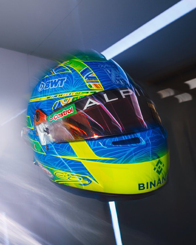 F1 Driver Ocon's Special Edition Helmet for the São Paulo Grand Prix: Yellow and Green with a Samba Flair