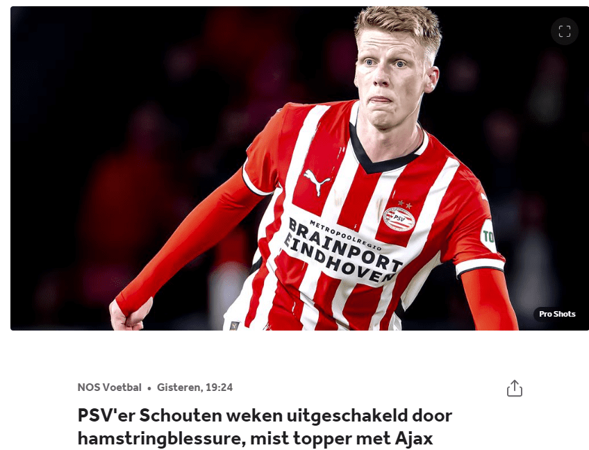 Official: PSV Eindhoven Midfielder Scorten Out for Several Weeks with Hamstring Injury, Misses Ajax Match