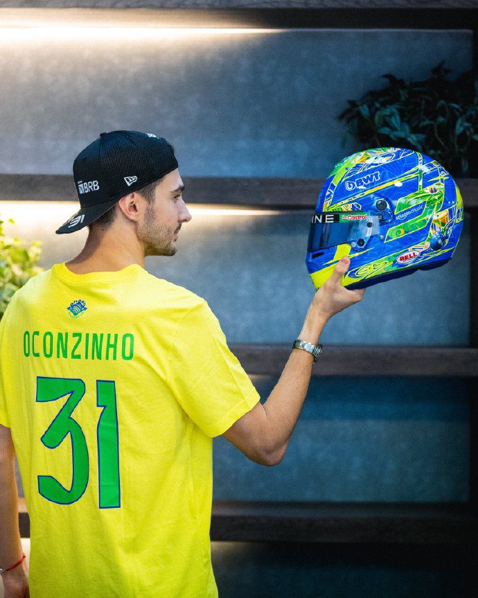 F1 Driver Ocon's Special Edition Helmet for the São Paulo Grand Prix: Yellow and Green with a Samba Flair