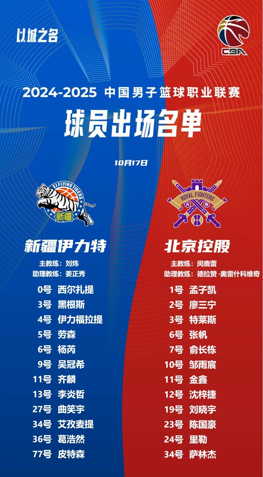 Strong Matchup! Xinjiang vs. Beikong Lineup: ABD Out, Qi Lin to Face Shen Zijie and Salinjer