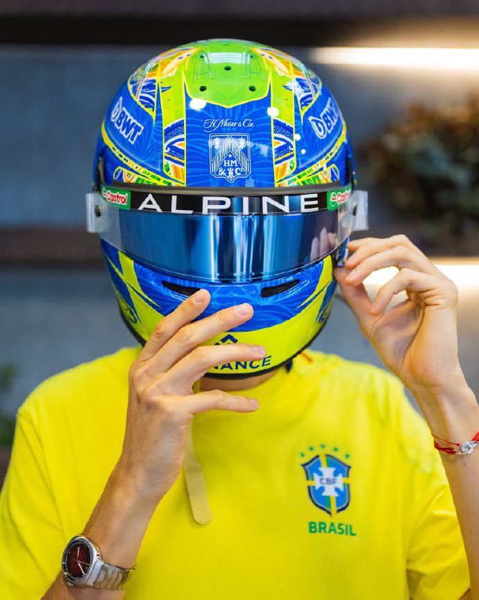 F1 Driver Ocon's Special Edition Helmet for the São Paulo Grand Prix: Yellow and Green with a Samba Flair