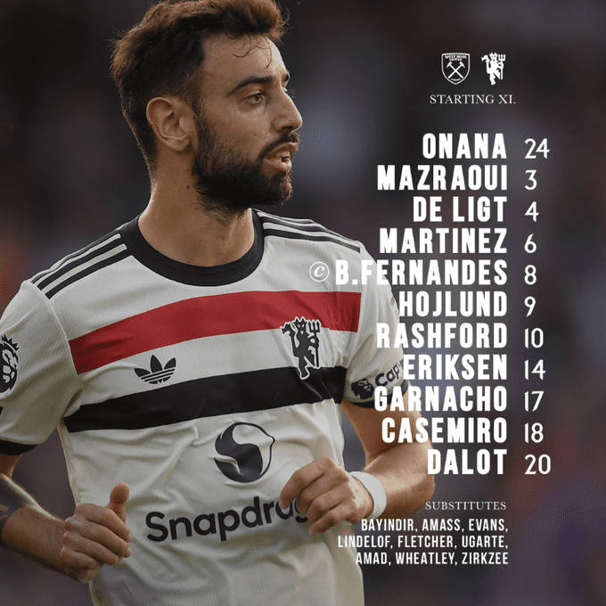 Man United's Starting Lineup for Away Match Against West Ham: Bruno Fernandes Returns from Suspension, Højbjerg Starts