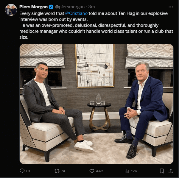 Morgan: Everything Ronaldo Said in the Interview Was True, Ten Hag Is Just a Hyped-Up Incompetent